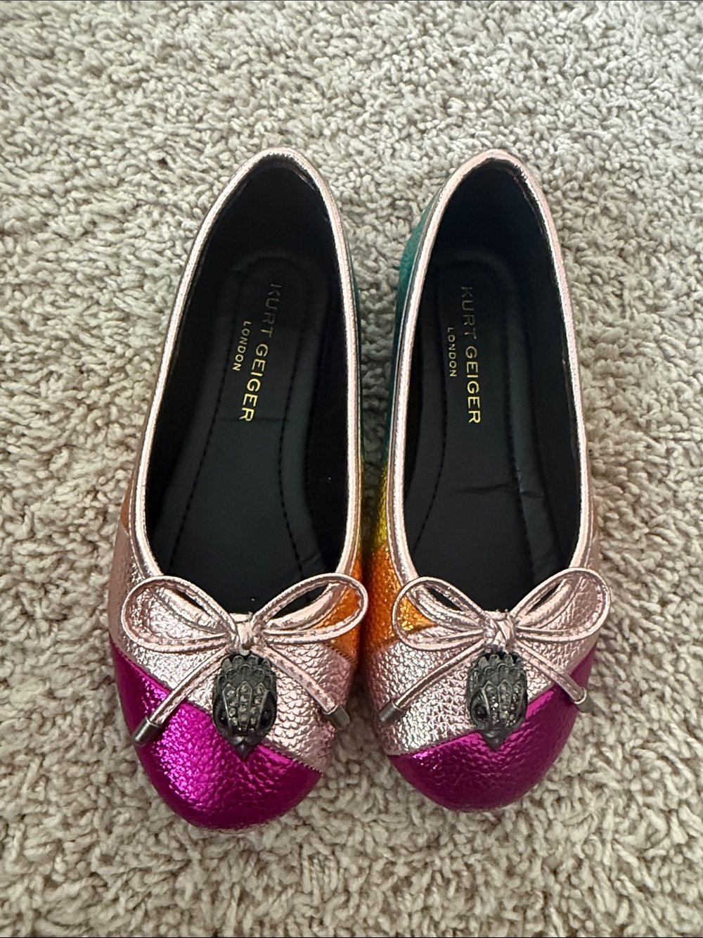 Kurt Geiger Metallic Rainbow Bow Ballet Flats - Pink, Rose Gold, Orange, Green